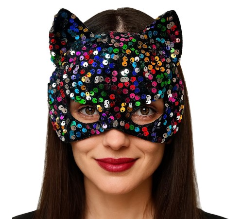 Siyah Kadife Kumaş Üzerine Rengarenk Payetli Pullu Parti Maskesi 16x14 cm