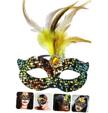 Siyah Kadife Üzeri Rengarenk Payetli Pullu Sarı Tüylü Sarı Taşlı Parti Maskesi 19x21 cm