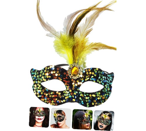 Siyah Kadife Üzeri Rengarenk Payetli Pullu Sarı Tüylü Sarı Taşlı Parti Maskesi 19x21 cm