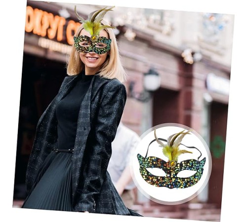 Siyah Kadife Üzeri Rengarenk Payetli Pullu Sarı Tüylü Sarı Taşlı Parti Maskesi 19x21 cm