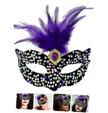 Siyah Kadife Üzeri Rengarenk Payetli Pullu Mor Tüylü Mor Taşlı Parti Maskesi 19x21 cm