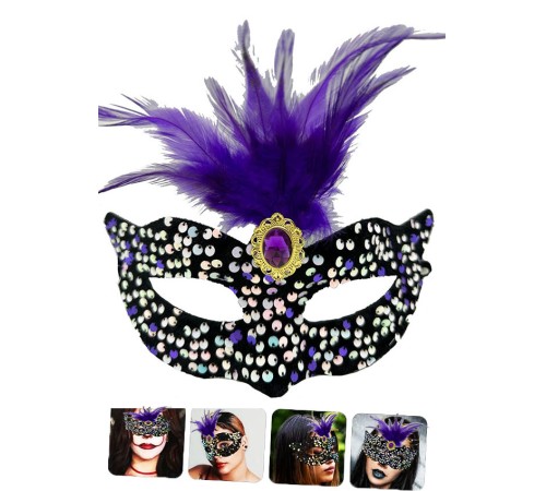 Siyah Kadife Üzeri Rengarenk Payetli Pullu Mor Tüylü Mor Taşlı Parti Maskesi 19x21 cm