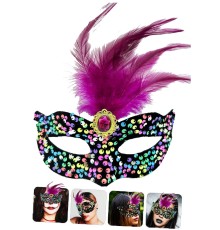 Siyah Kadife Üzeri Rengarenk Payetli Pullu Pembe Tüylü Pembe Taşlı Parti Maskesi 19x21 cm