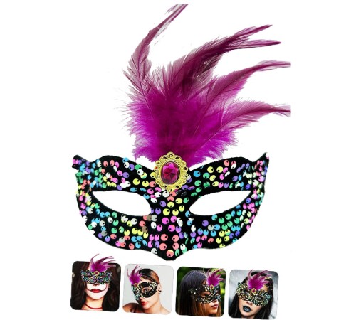 Siyah Kadife Üzeri Rengarenk Payetli Pullu Pembe Tüylü Pembe Taşlı Parti Maskesi 19x21 cm