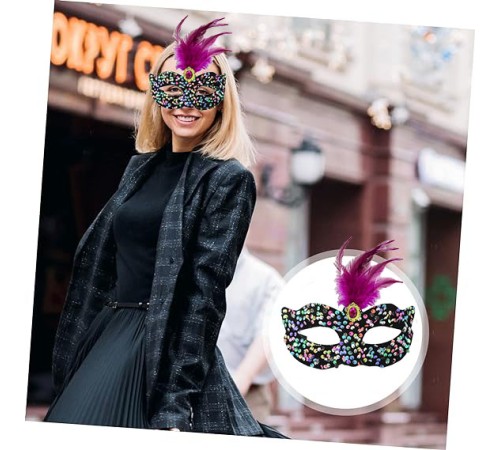 Siyah Kadife Üzeri Rengarenk Payetli Pullu Pembe Tüylü Pembe Taşlı Parti Maskesi 19x21 cm