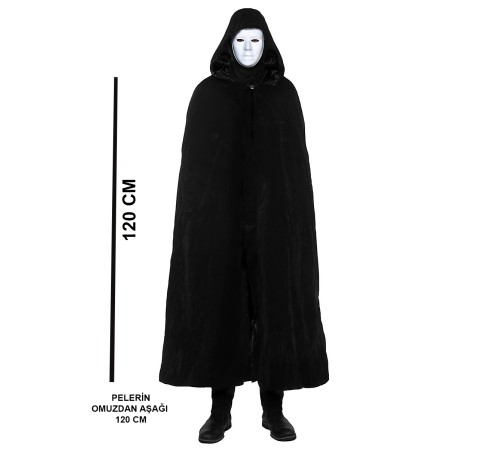 Siyah Kapüşonlu 120 cm Pelerin ve Beyaz Boyanabilir Tam Yüz Maske