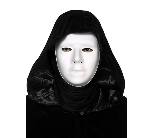 Siyah Kapüşonlu 120 cm Pelerin ve Beyaz Boyanabilir Tam Yüz Maske