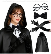 Siyah Kapüşonlu Büyücü ve Cadı Pelerin Kostüm Seti (4 Parça)