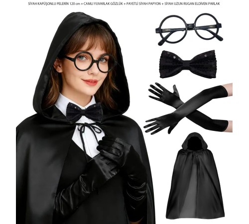 Siyah Kapüşonlu Büyücü ve Cadı Pelerin Kostüm Seti (4 Parça)
