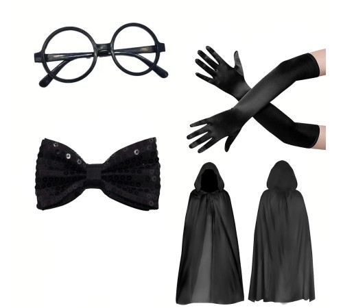 Siyah Kapüşonlu Büyücü ve Cadı Pelerin Kostüm Seti (4 Parça)