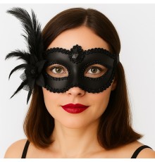 Siyah Mat Renk Yandan Tüylü Güllü Parti Balo Venedik Maskesi 16x22