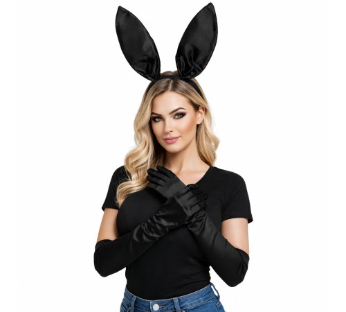 Siyah Parlak Tavşan Kulak ve 40 cm Parlak Siyah Eldiven Kostüm Seti