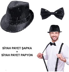 Siyah Payetli Şapka ve Papyon Seti – Parıltılı Yetişkin Kostüm Seti