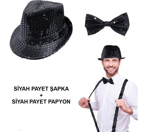 Siyah Payetli Şapka ve Papyon Seti – Parıltılı Yetişkin Kostüm Seti
