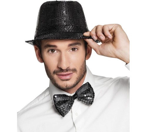 Siyah Payetli Şapka ve Papyon Seti – Parıltılı Yetişkin Kostüm Seti
