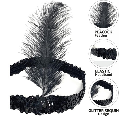 Siyah Renk Çarliston Başlık 90 lı Yıllar 80 li Yıllar Tüylü Saç Bandı