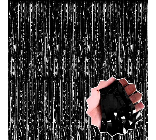 Siyah Renk Ekstra Metalize Parlak Saçaklı Arka Fon Perde İthal A Kalite 1x2 Metre