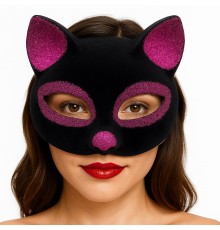 Siyah Renk Fuşya Simli Süet Kaplama Kedi Maskesi 18x14 cm