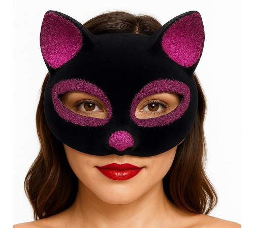 Siyah Renk Fuşya Simli Süet Kaplama Kedi Maskesi 18x14 cm
