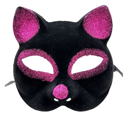 Siyah Renk Fuşya Simli Süet Kaplama Kedi Maskesi 18x14 cm