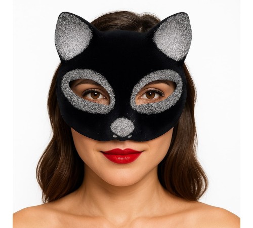 Siyah Renk Gümüş Simli Süet Kaplama Kedi Maskesi 18x14 cm