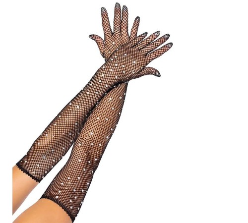 Siyah Renk İncili Elmas İşlemeli File Örgü Uzun Eldiven 45 cm