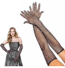 Siyah Renk İncili Elmas İşlemeli File Örgü Uzun Eldiven 45 cm