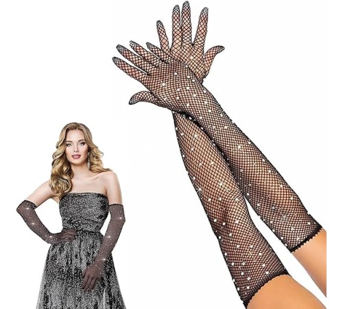 Siyah Renk İncili Elmas İşlemeli File Örgü Uzun Eldiven 45 cm