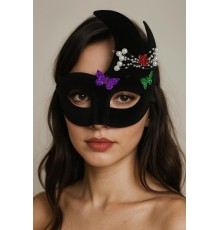 Siyah Renk İncili Taşlı Süet Kaplama Venedik Parti Maskesi 20x22 cm