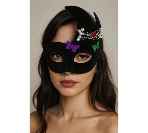 Siyah Renk İncili Taşlı Süet Kaplama Venedik Parti Maskesi 20x22 cm