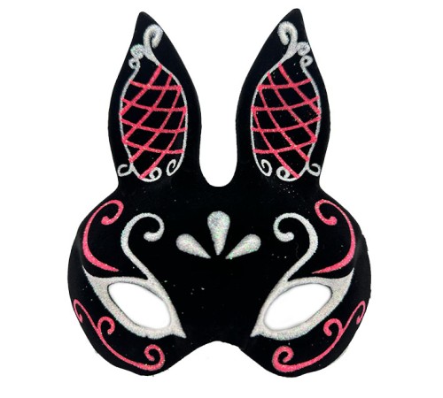 Siyah Renk Kırmızı Beyaz Simli Siyah Süet Kaplama Tavşan Maskesi 18x16 cm