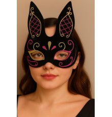 Siyah Renk Kırmızı Gold Simli Siyah Süet Kaplama Tavşan Maskesi 18x16 cm