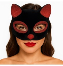 Siyah Renk Kırmızı Simli Süet Kaplama Kedi Maskesi 18x14 cm