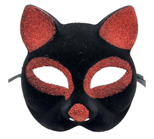 Siyah Renk Kırmızı Simli Süet Kaplama Kedi Maskesi 18x14 cm