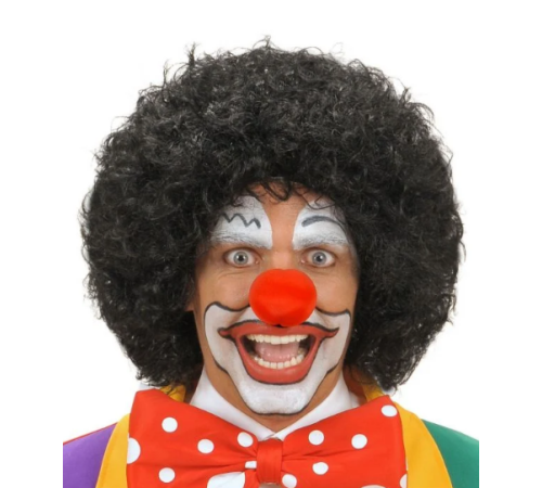 Siyah Renk Kıvırcık Afro Bonus Peruk Saç ve Kırmızı Sünger Burun Seti