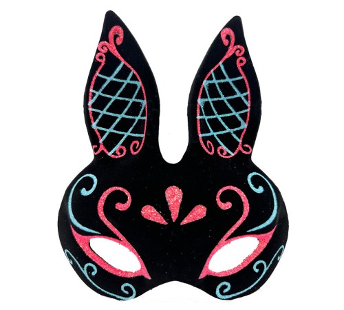 Siyah Renk Mavi Kırmızı Simli Siyah Süet Kaplama Tavşan Maskesi 18x16 cm
