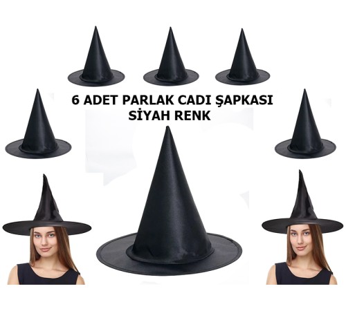 Siyah Renk Parlak Dralon Cadı Şapkası Yetişkin ve Çocuk Uyumlu 6 Adet