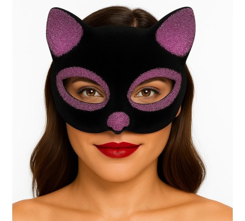 Siyah Renk Pembe Simli Süet Kaplama Kedi Maskesi 18x14 cm