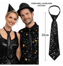 Siyah Renk Pul Payetli Işıltılı Parti Kravatı 33 cm