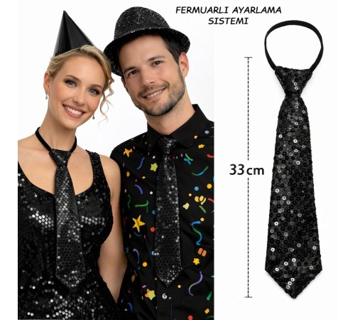 Siyah Renk Pul Payetli Işıltılı Parti Kravatı 33 cm
