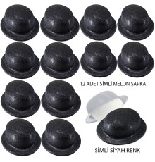 Siyah Renk Simli Melon Yuvarlak Parti Şapkası 12 Adet