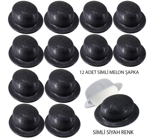 Siyah Renk Simli Melon Yuvarlak Parti Şapkası 12 Adet