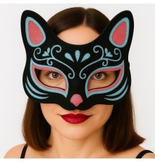 Siyah Renk Süet Kaplama Üzeri Mavi Kırmızı Simli Kedi Maskesi 17x14 cm