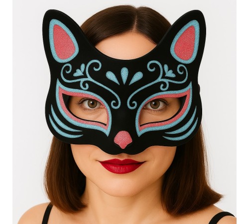 Siyah Renk Süet Kaplama Üzeri Mavi Kırmızı Simli Kedi Maskesi 17x14 cm