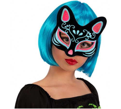 Siyah Renk Süet Kaplama Üzeri Mavi Kırmızı Simli Kedi Maskesi 17x14 cm