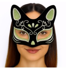 Siyah Renk Süet Kaplama Üzeri Gümüş Yeşil Simli Kedi Maskesi 17x14 cm