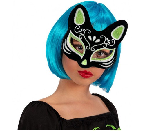 Siyah Renk Süet Kaplama Üzeri Gümüş Yeşil Simli Kedi Maskesi 17x14 cm