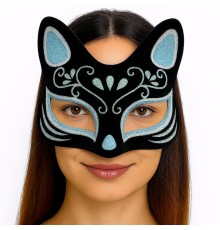 Siyah Renk Süet Kaplama Üzeri Gümüş Mavi Simli Kedi Maskesi 17x14 cm