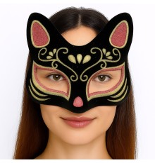 Siyah Renk Süet Kaplama Üzeri Kırmızı Sarı Simli Kedi Maskesi 17x14 cm