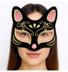 Siyah Renk Süet Kaplama Üzeri Pembe Sarı Simli Kedi Maskesi 17x14 cm